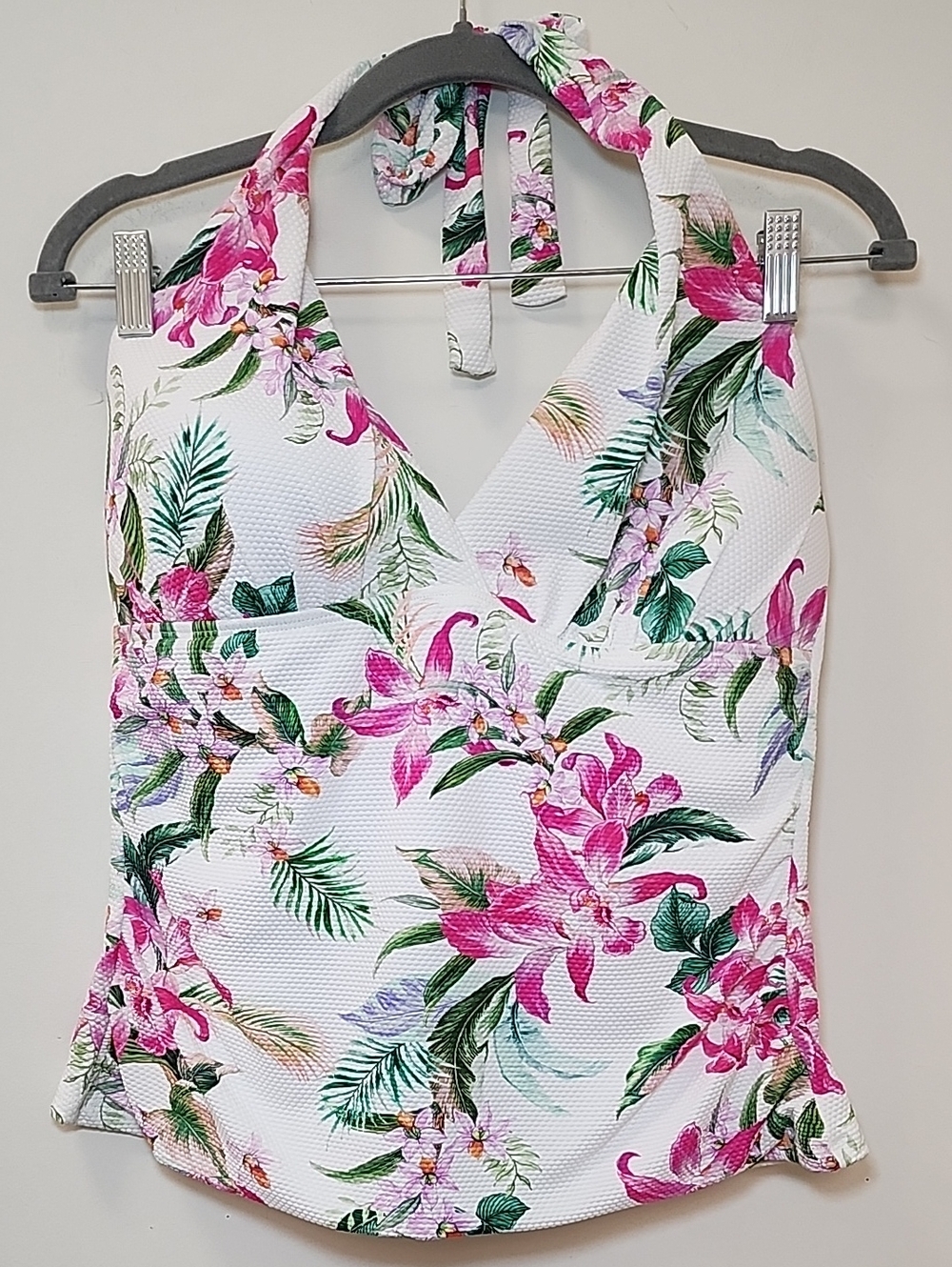La Blanca halter tankini top v-neckline tropical floral print white/pink Size 12 - Picture 3 of 16